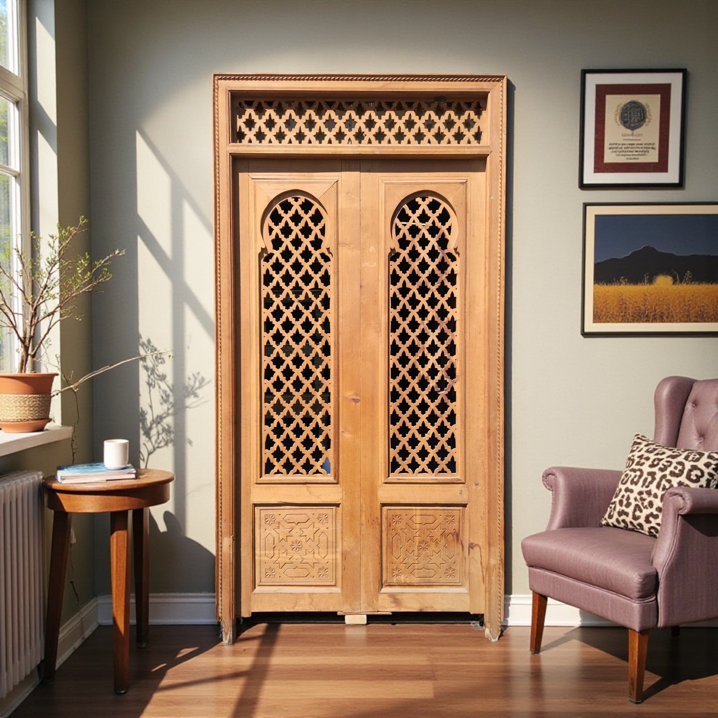 Rabat door lock installed on a wooden door, featuring a sleek metal handle and keyhole for secure entry.