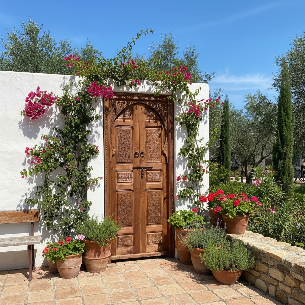 Vintage Moroccan Moresque door with intricate patterns and traditional design, showcasing detailed craftsmanship and rich cultural details.