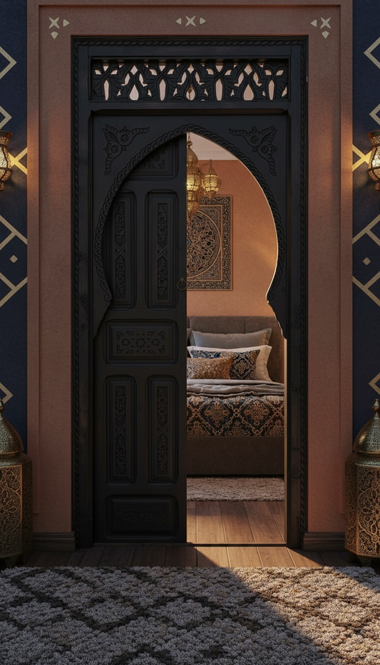 The centerpiece is the dark wood door frame featuring a classic Moorish Arch