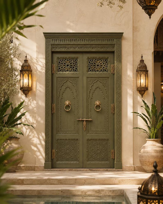 The moroccan door balances monumental structural presence with incredibly fine, specialized ornamentation
