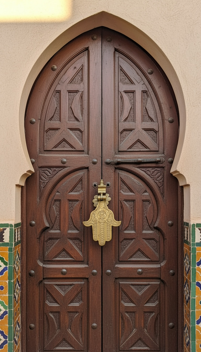 Brass Khamsa door knocker with intricate Moroccan design, traditional symbol of protection for Moroccan doors.