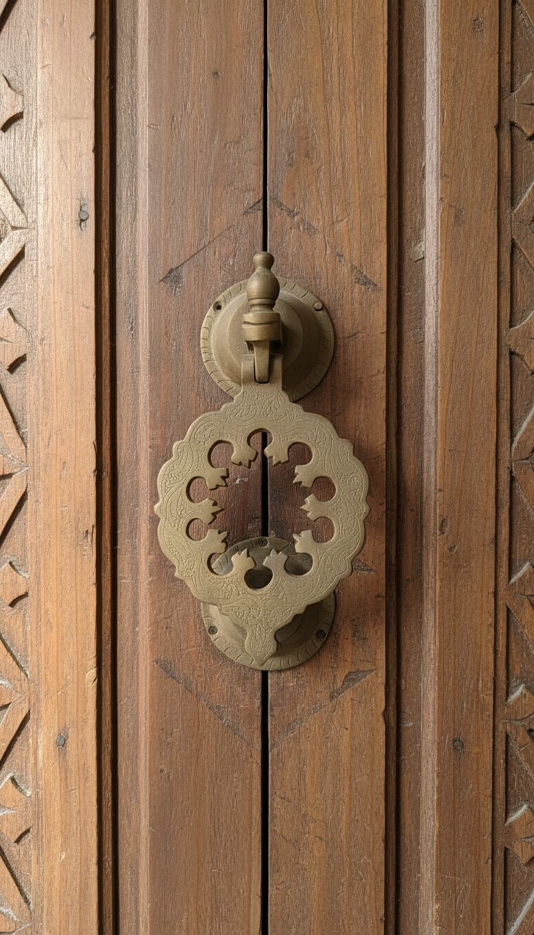 Old Fez brass door knocker from Moroccan doors featuring intricate traditional design on polished brass surface.
