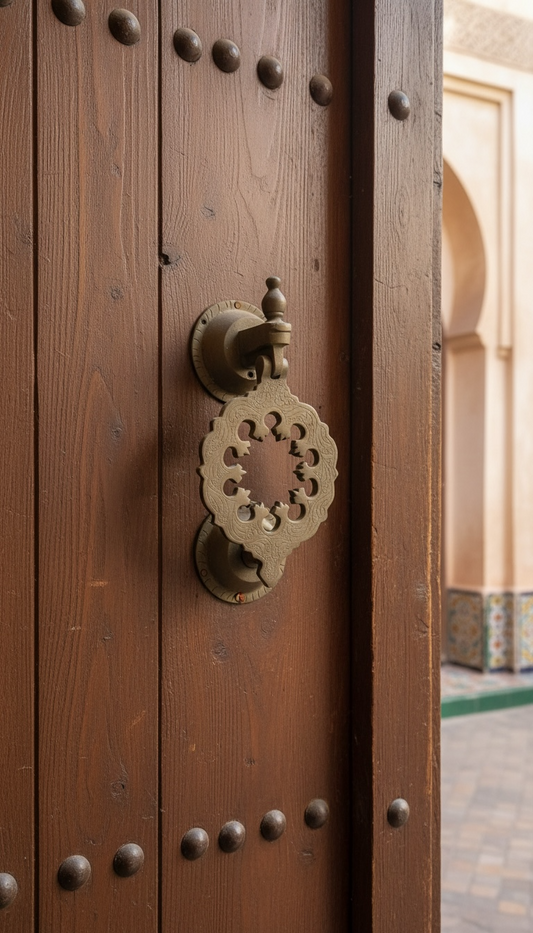 Brass door knocker featuring an old Fez design from Moroccan doors, mounted on a wooden door with intricate details.