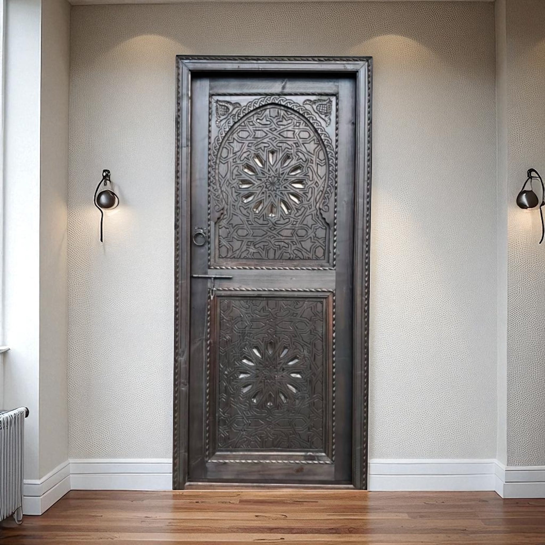 My Store Riad door featuring intricate woodwork and traditional design, showcasing detailed craftsmanship and elegant door style.