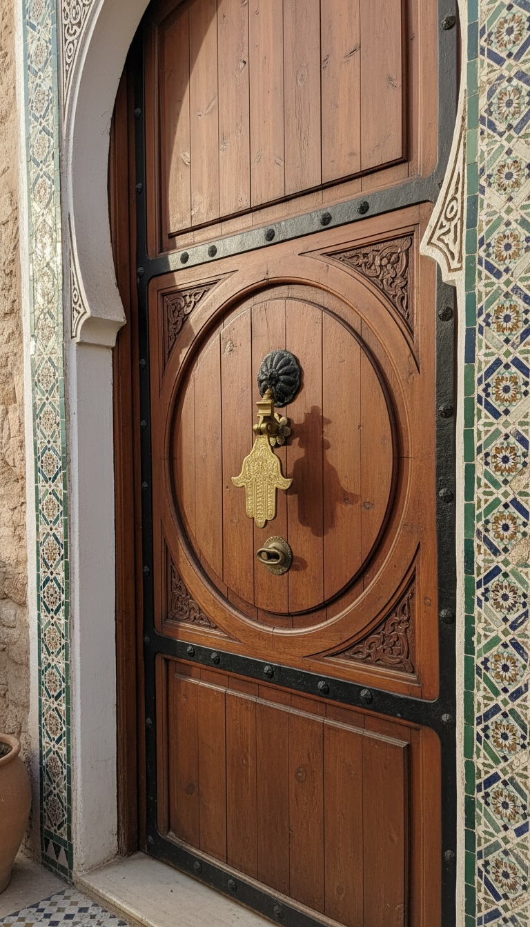 Brass Khamsa door knocker with intricate Moroccan design, featuring traditional symbols and detailed craftsmanship.