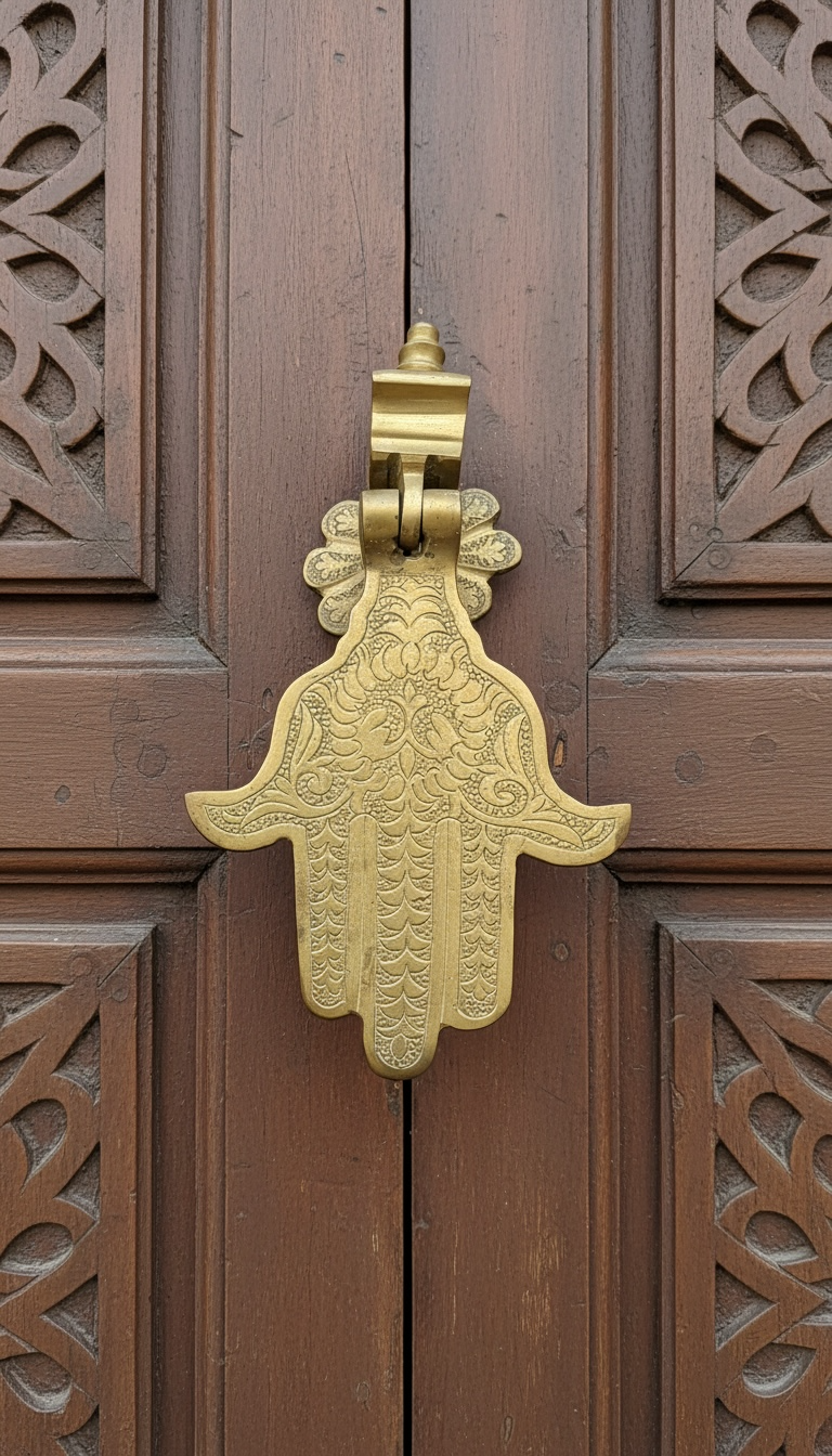 Brass Khamsa door knocker with intricate Moroccan design, suitable for traditional Moroccan doors and architectural accents.
