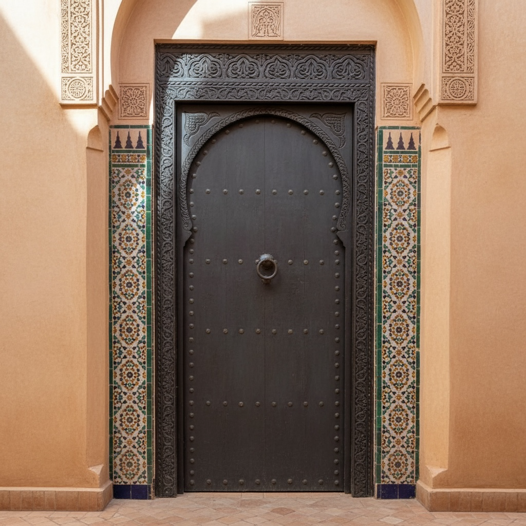 Decorative black moroccan door with intricate patterns in a beige hallway