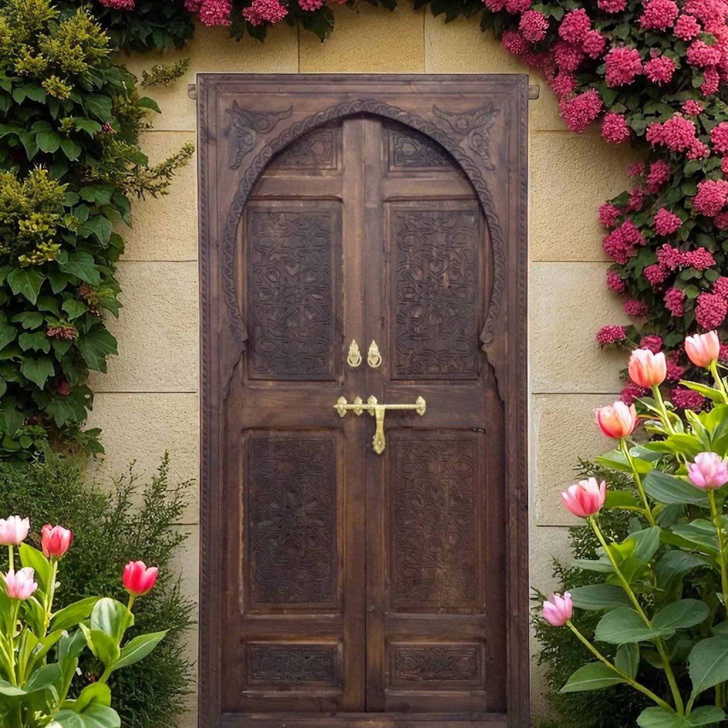 Darna door in natural wood finish with modern design, featuring sleek panels and sturdy frame for contemporary home entry.