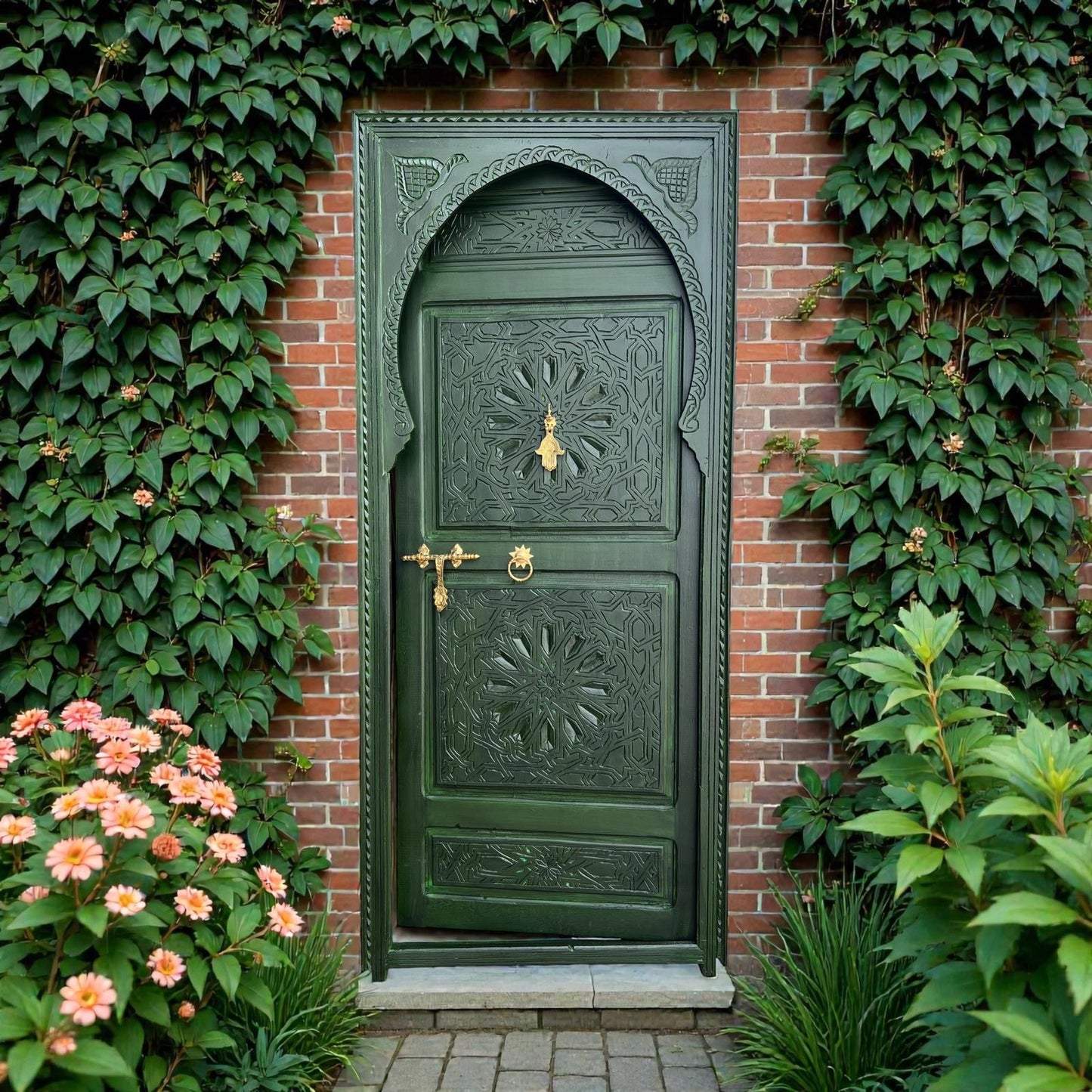 Green Andalusian-style wooden door with intricate details and traditional design, showcasing craftsmanship and vibrant color.