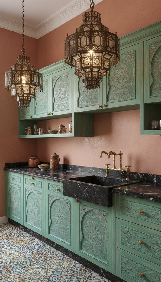 Kitchen with green cabinets, black marble countertop, and ornate pendant lights.