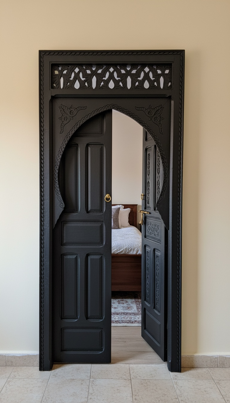 Decorative black door with intricate designs in a room with beige walls and tiled floor.