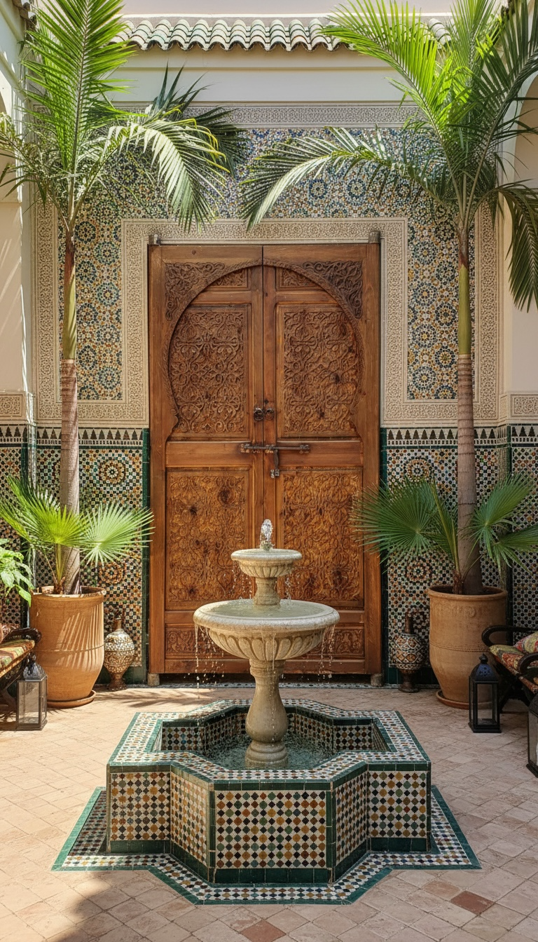 Decorative courtyard with a fountain, wooden door, and palm Decorative black door with intricate designs in a room with beige walls and tiled floor.