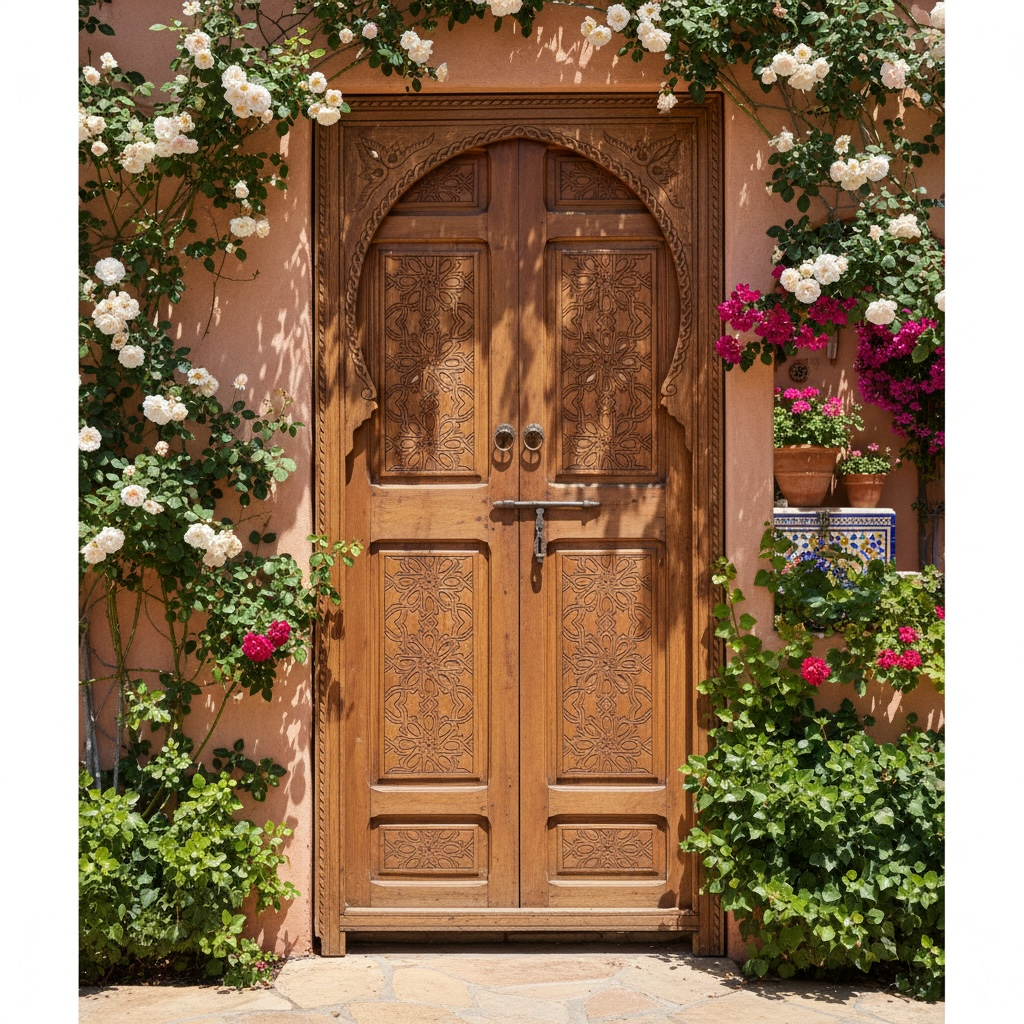 Decorative Moroccan wooden door with floral and potted plant arrangements on a pink wall.