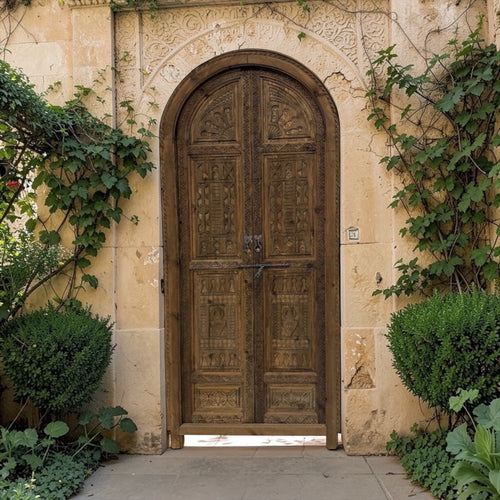 Dark Moroccan Cordoba door with aged wooden panels and intricate ironwork, showcasing traditional craftsmanship.