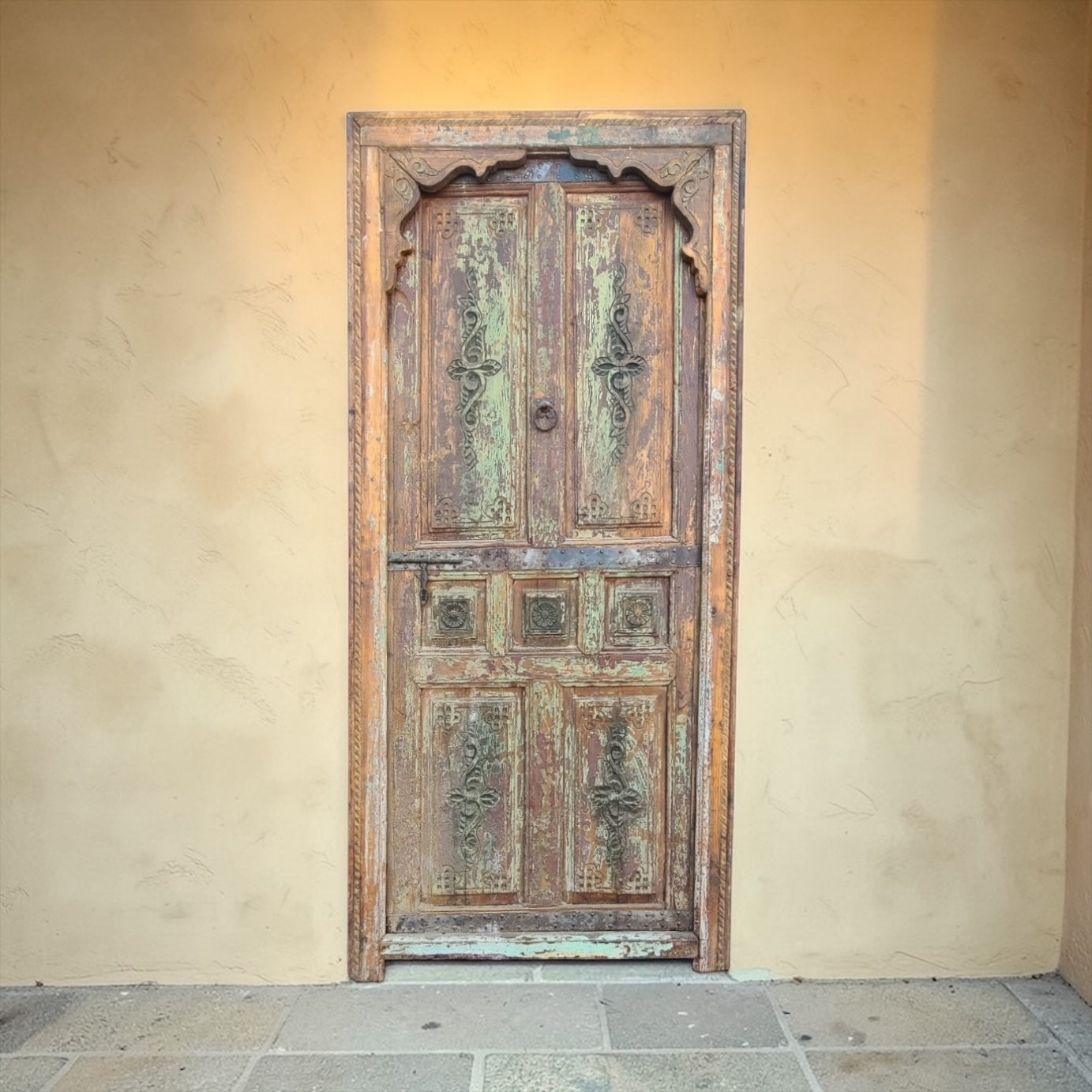 Vintage Andalus Moroccan garden door with intricate wood carvings and traditional design, showcasing craftsmanship and historic style.