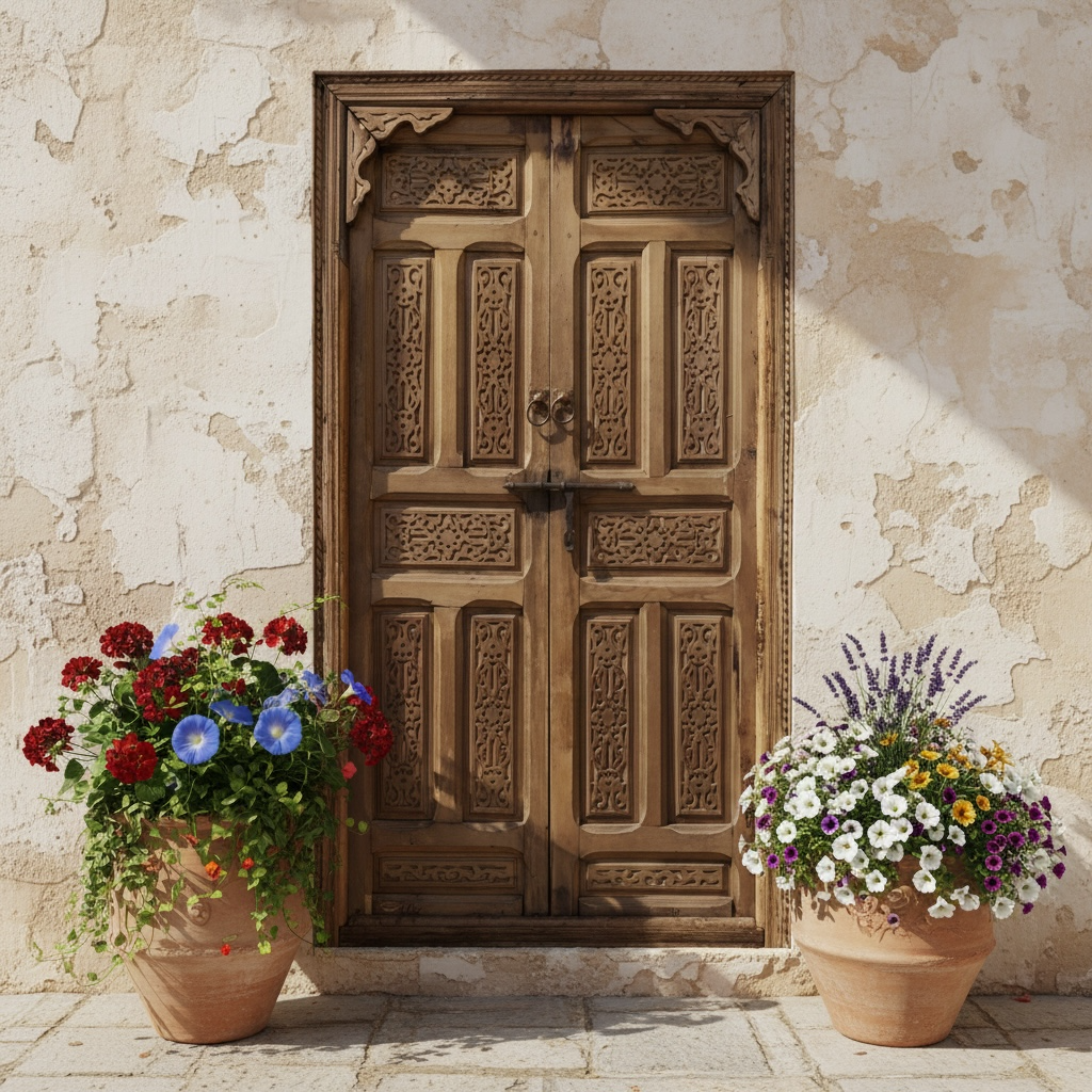 Vintage Moroccan Cordoba door with intricate wood carvings and traditional design, showcasing rich craftsmanship and detailed patterns