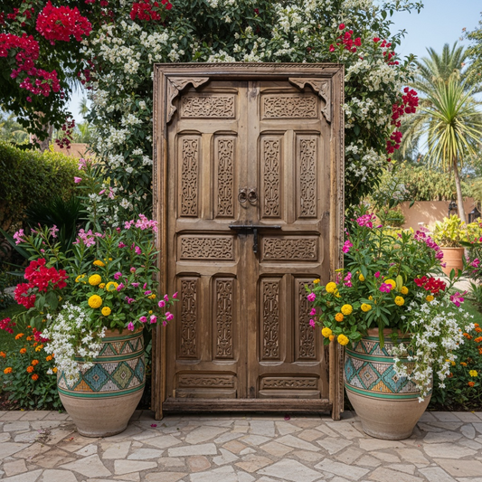 Vintage Moroccan Cordoba door with intricate carvings and arched design, showcasing traditional craftsmanship and rustic wooden details.