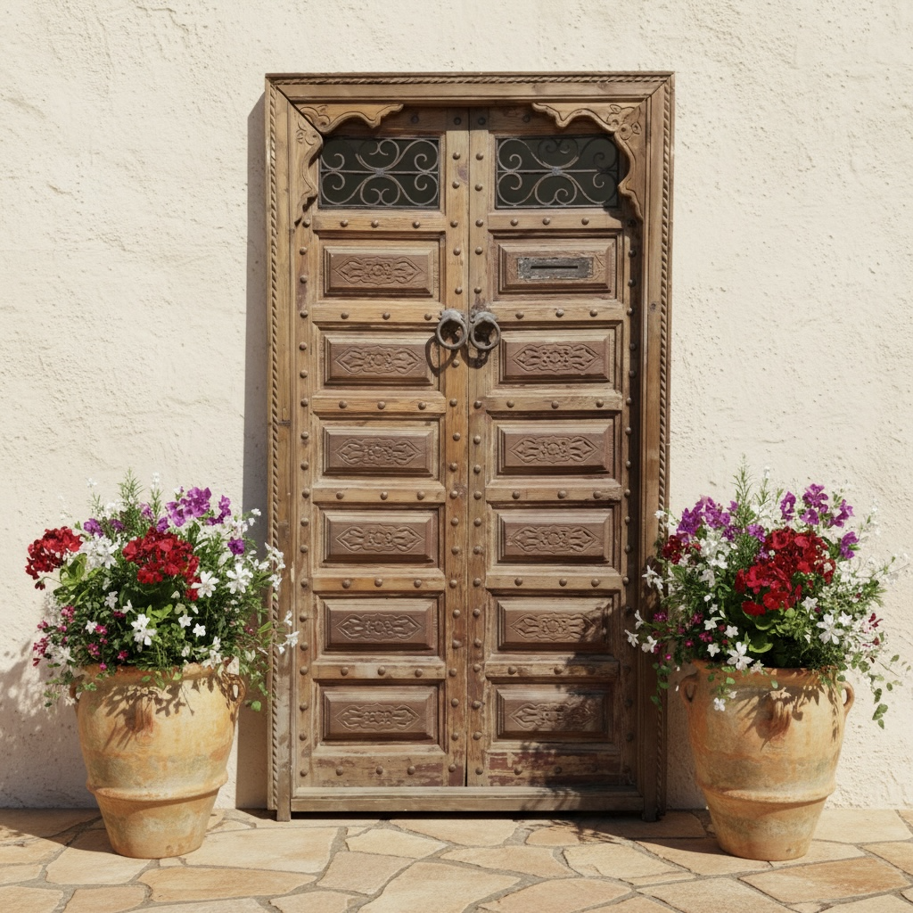 Vintage Albassin Moroccan door with intricate carvings and warm wood finish, showcasing traditional craftsmanship.