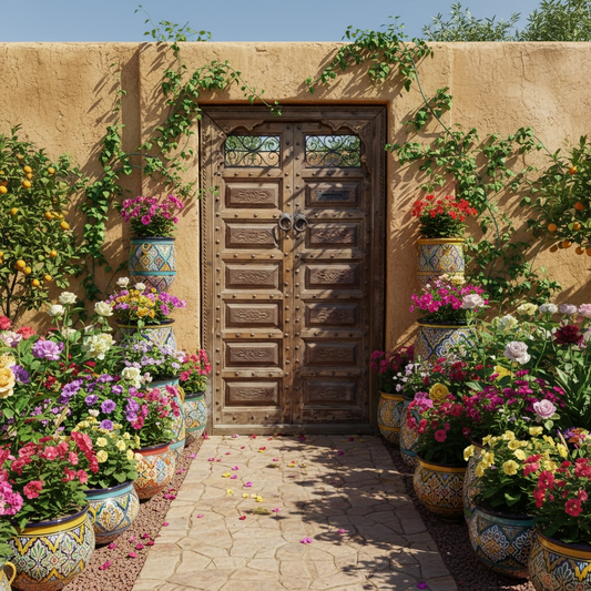 Vintage Albassin Moroccan door with intricate wooden carvings and metal hardware, showcasing traditional craftsmanship.