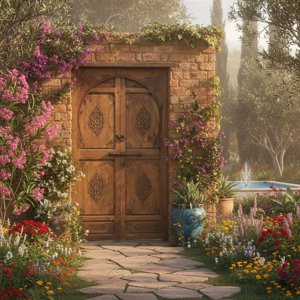 Moroccan Grand Andalusia door with intricate carvings and vibrant colors, showcasing traditional design and craftsmanship.