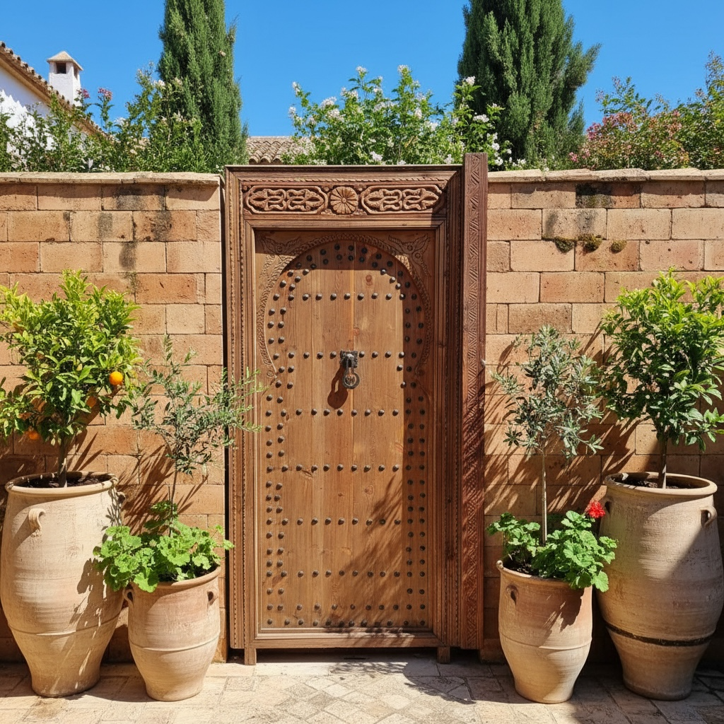 Moroccan Marrakech riad door with intricate traditional designs, featuring warm earthy tones and ornate metal accents.
