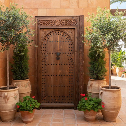 Moroccan Marrakech riad door with intricate patterns and traditional design, featuring warm earthy tones and ornate metalwork.