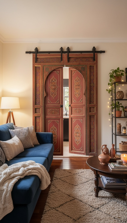Living room with a blue sofa, decorative pillows, and a wooden sliding door.